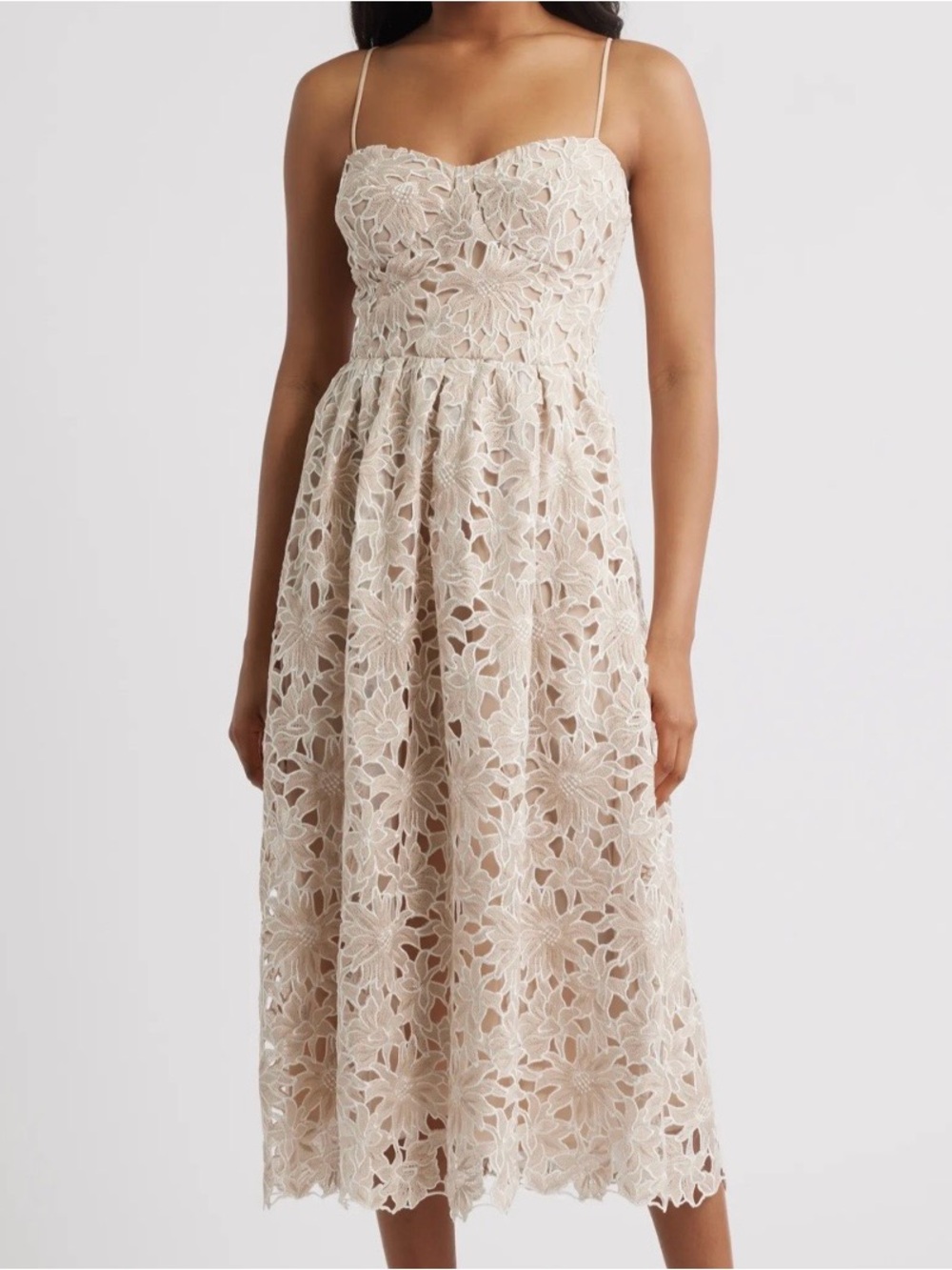 🆕✨Lucy Paris Beige Nude Floral Lace Midi Dress S Romantic FitFlare Wedding Guest